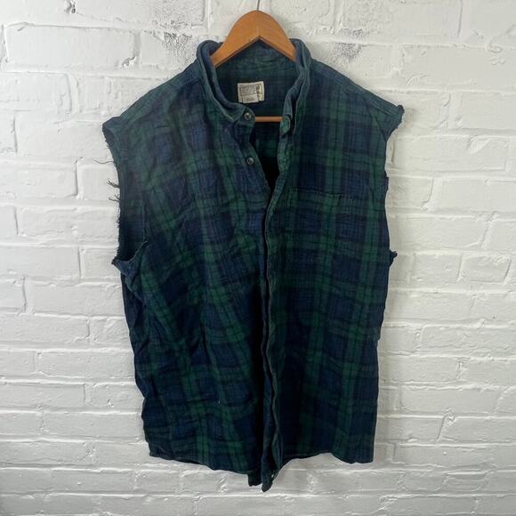 Garnet Hill Men's Plaid Button-Up Shirt Sleeveless Collared Green Black Size M - Picture 1 of 4